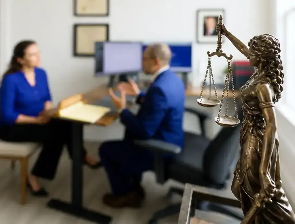 Attorney meeting with a client beside a Lady Justice statue