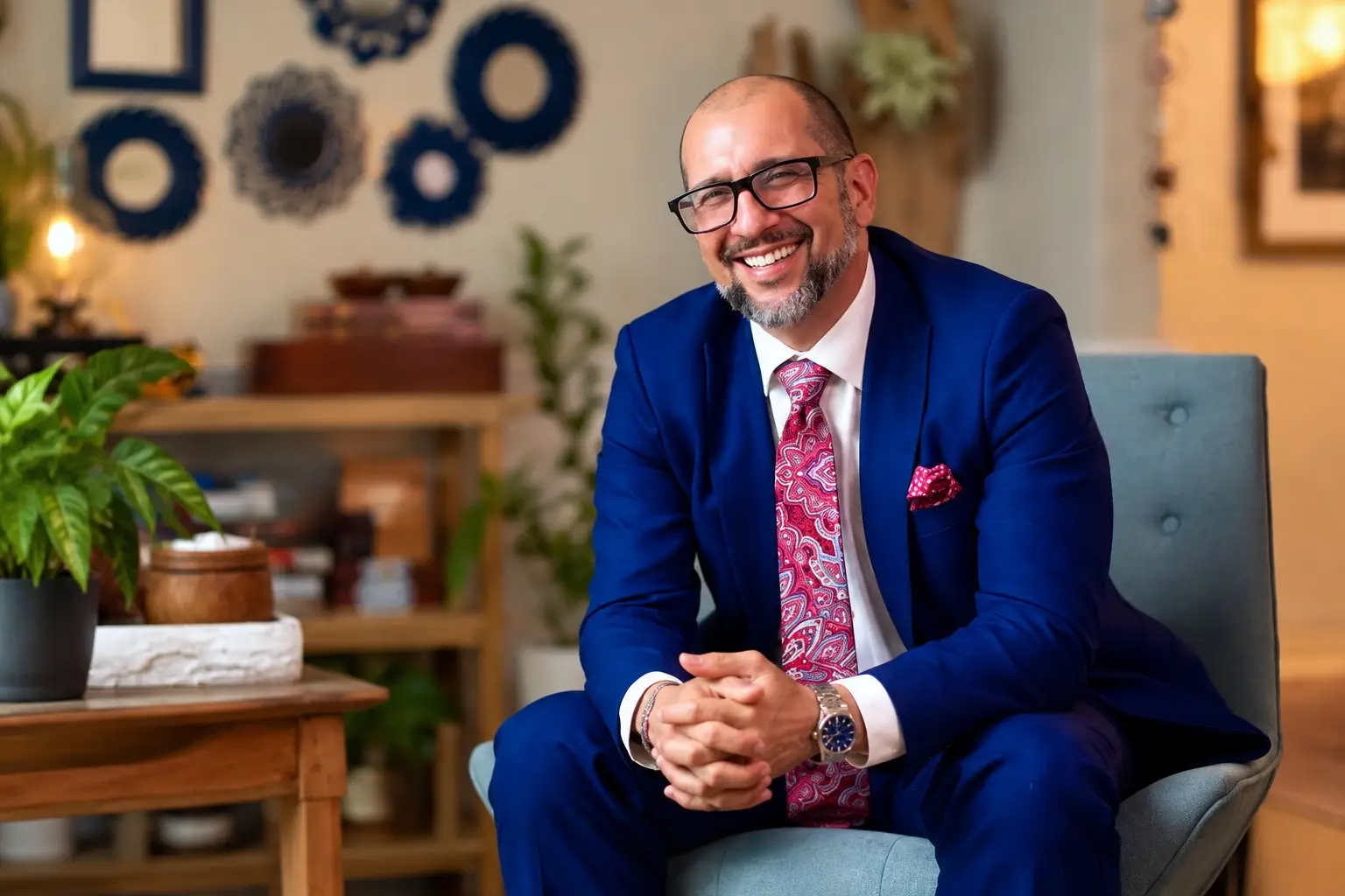 Attorney Ali Kamalzadeh smiling while seated in a blue suit