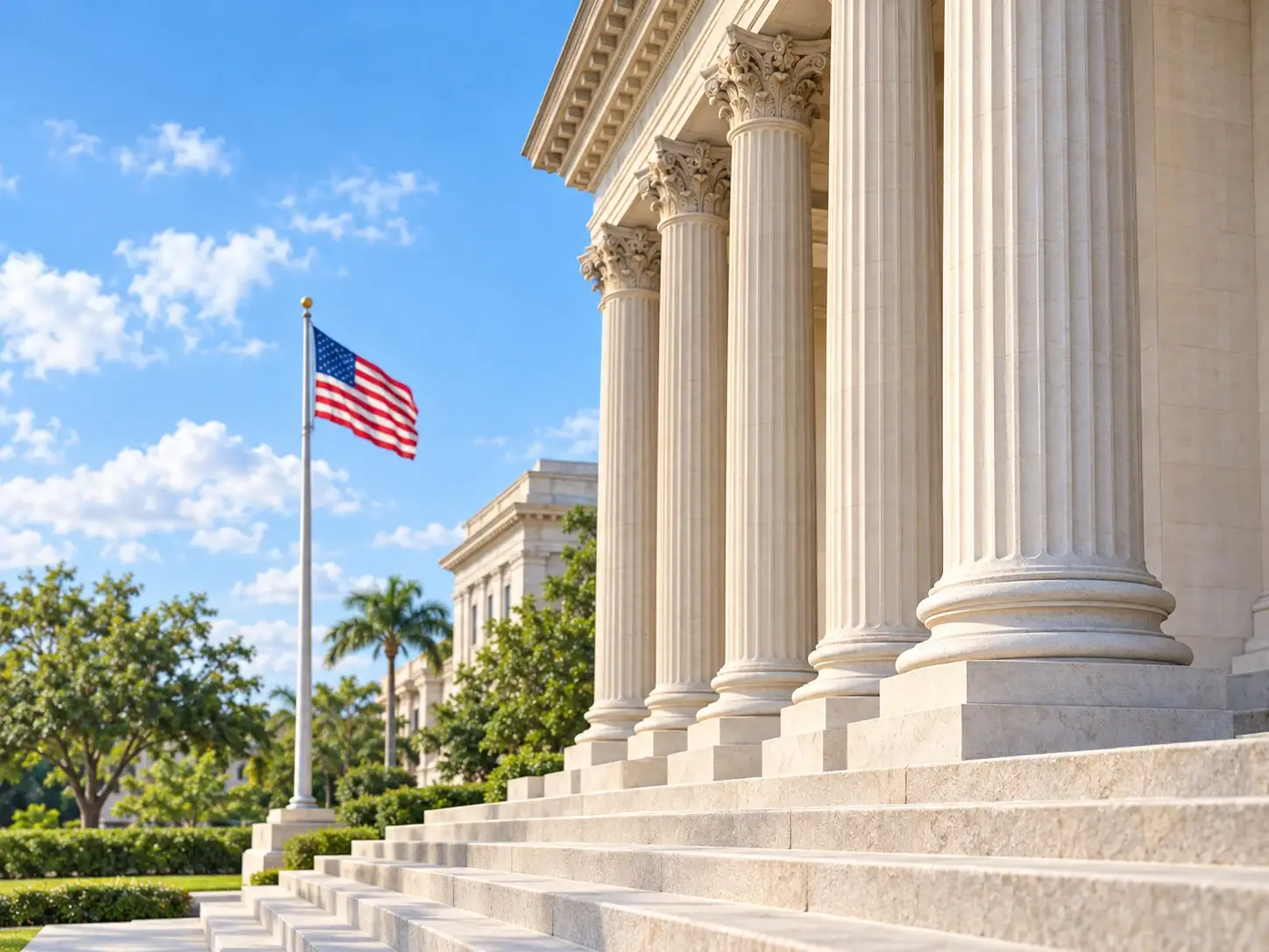Courthouse columns and steps under a clear blue sky