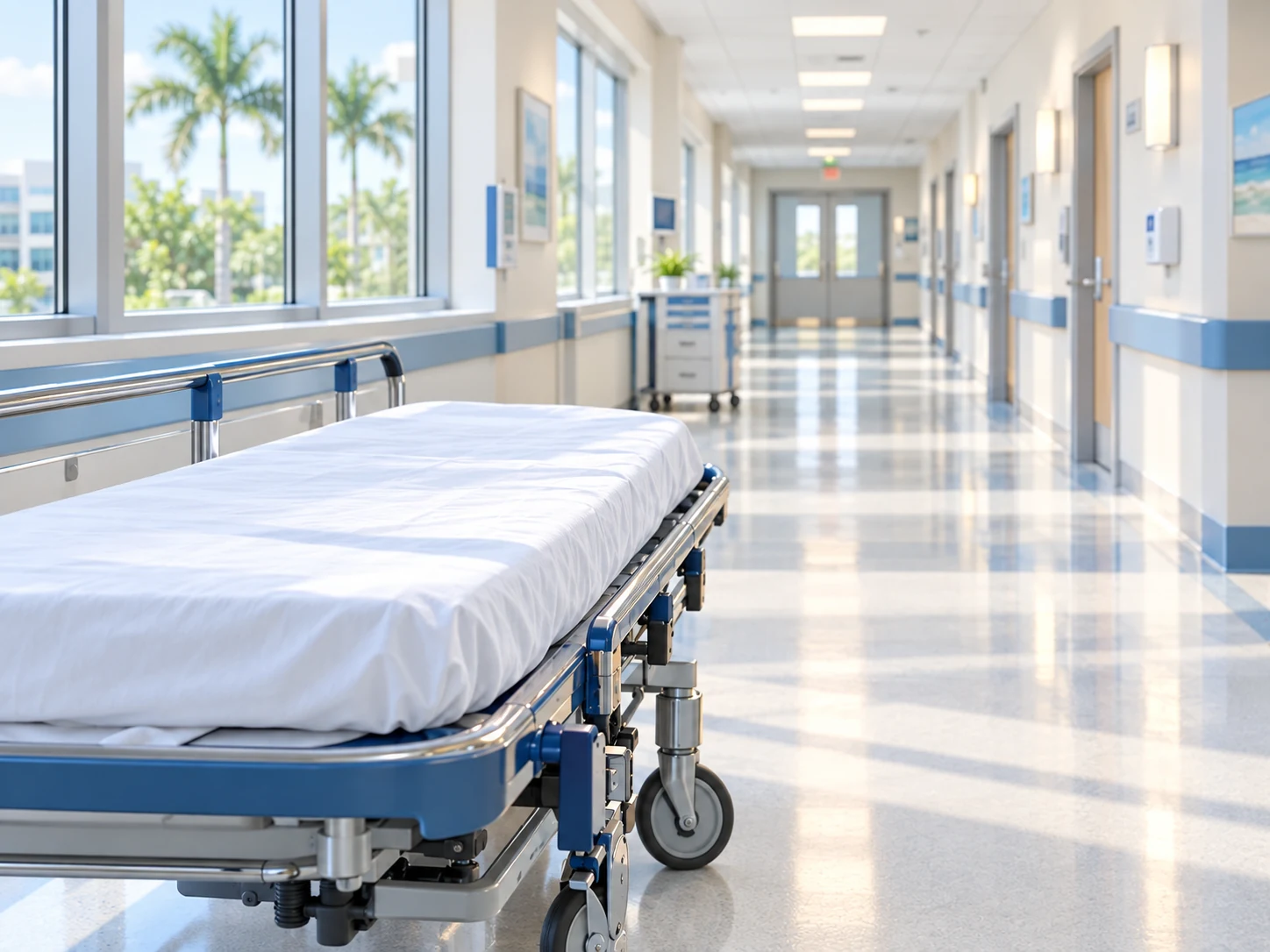 Empty gurney in a clean sunlit hospital corridor