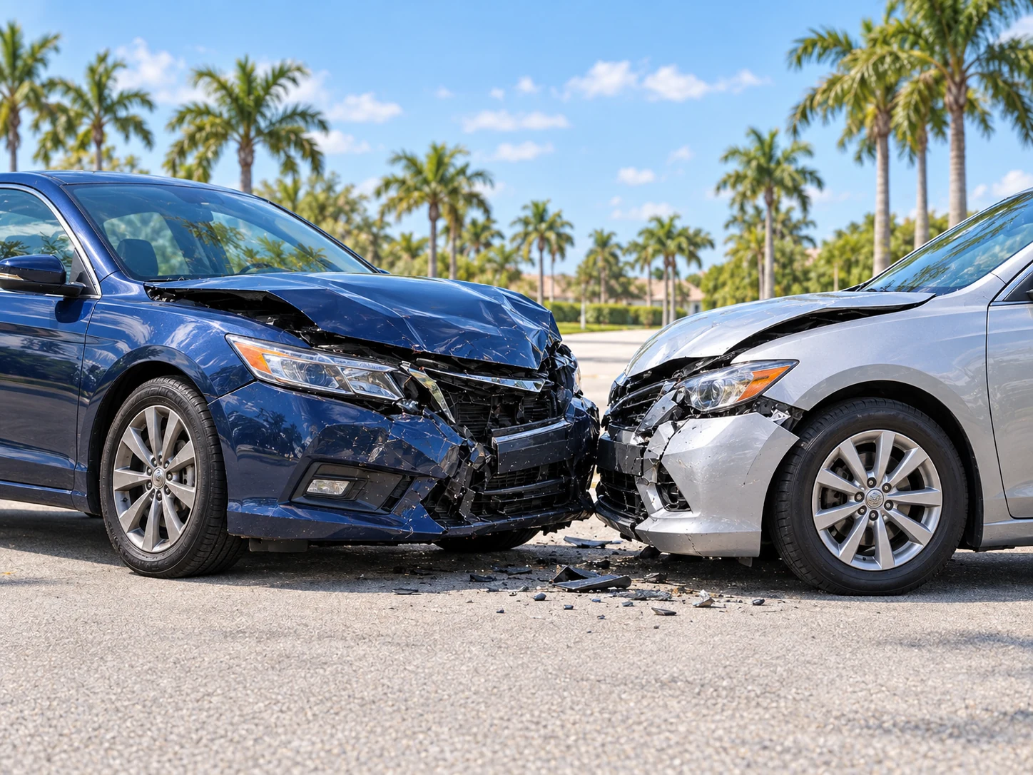Two cars with collision damage on a Florida road in daylight