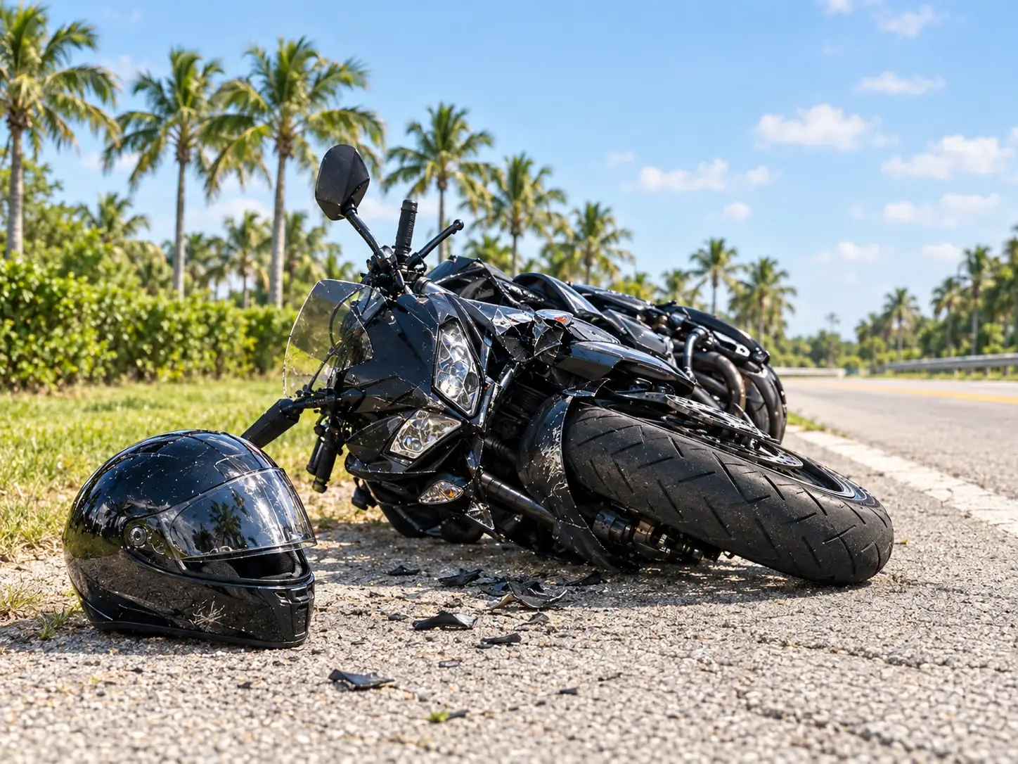Motorcycle and riding helmet beside a sunny Florida road