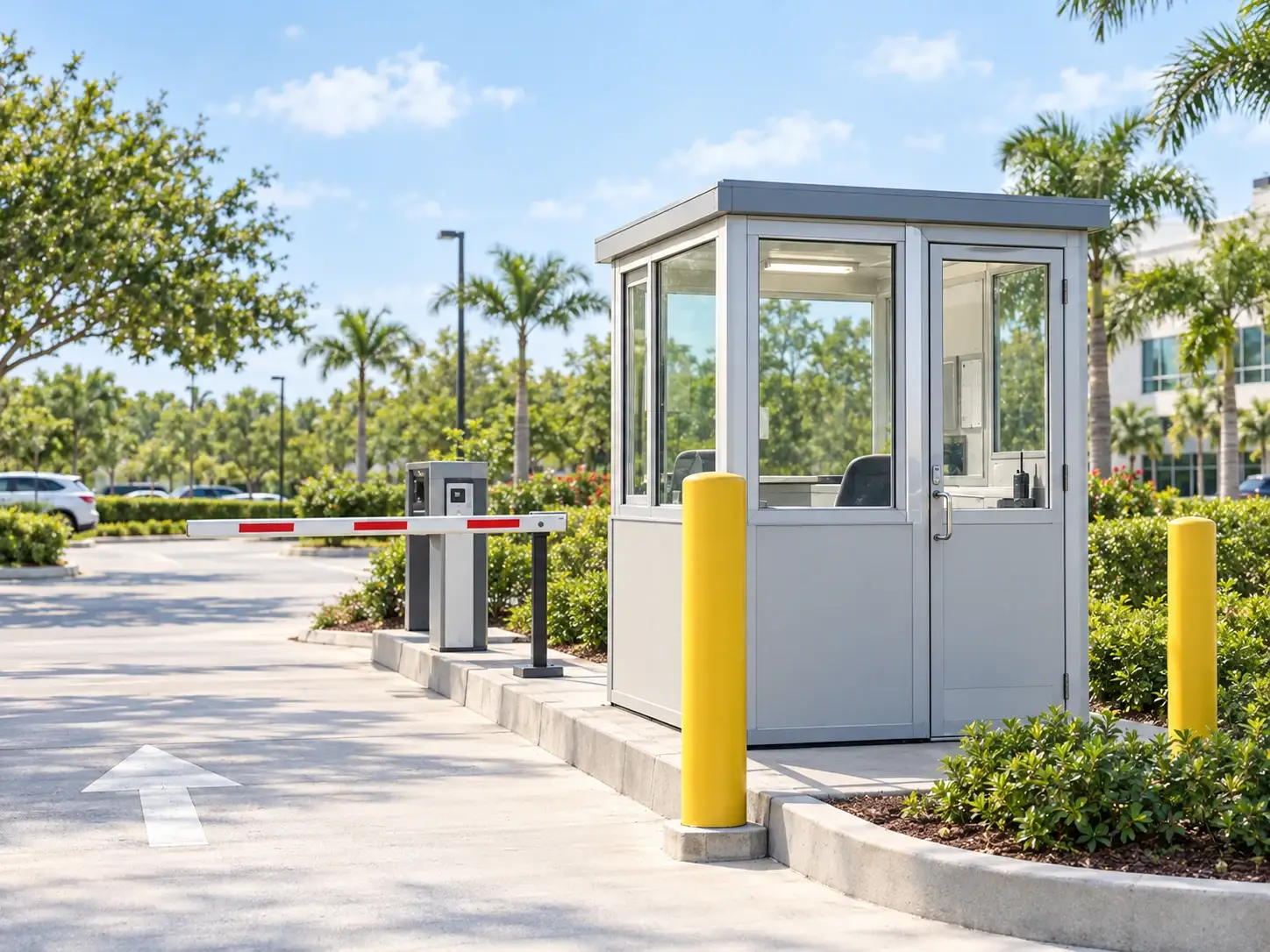 Security booth and parking entrance in daylight