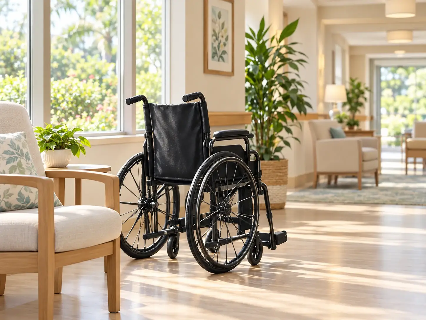 Wheelchair beside a sunlit window in a welcoming care lounge