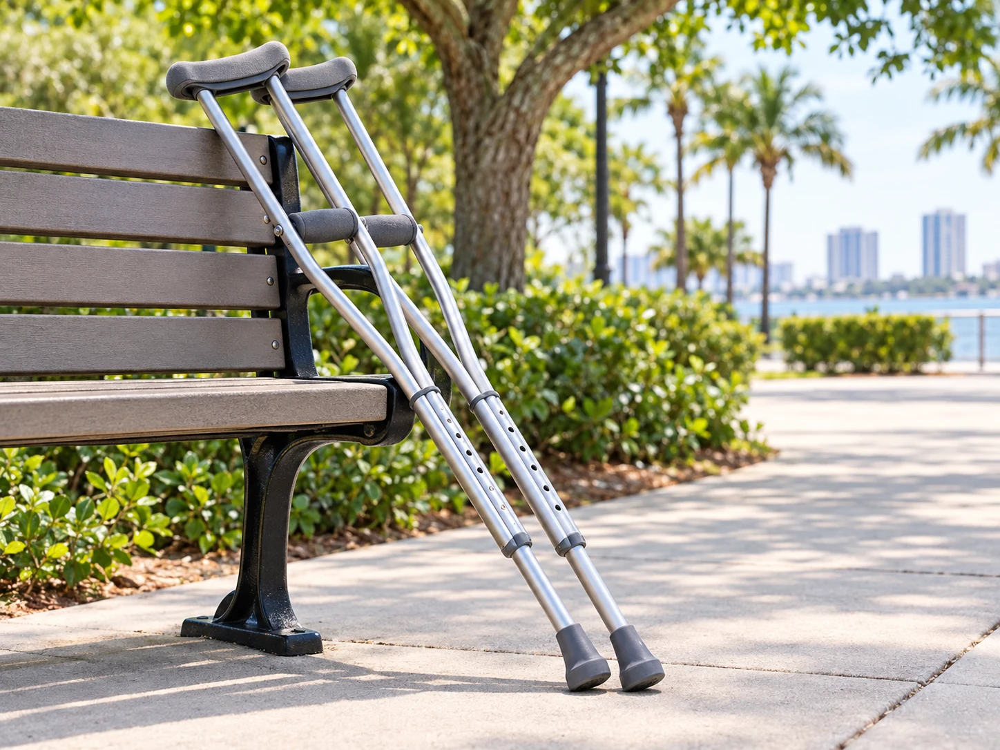 Crutches beside a park bench in a bright daytime setting