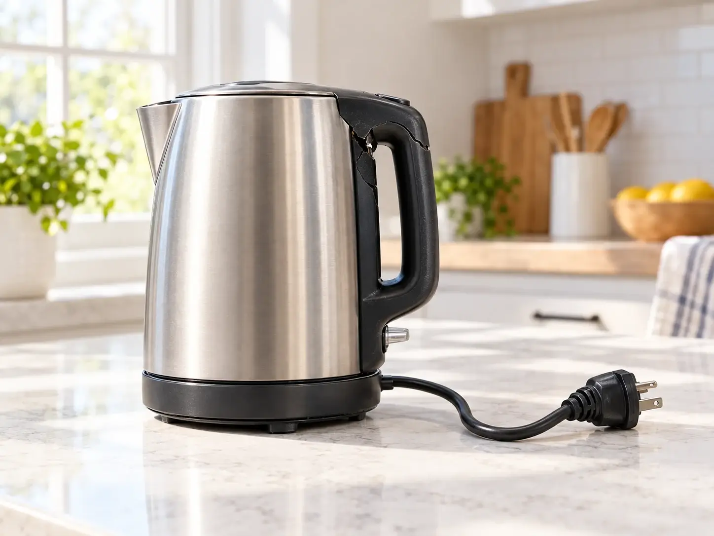 Unbranded electric kettle on a bright kitchen counter