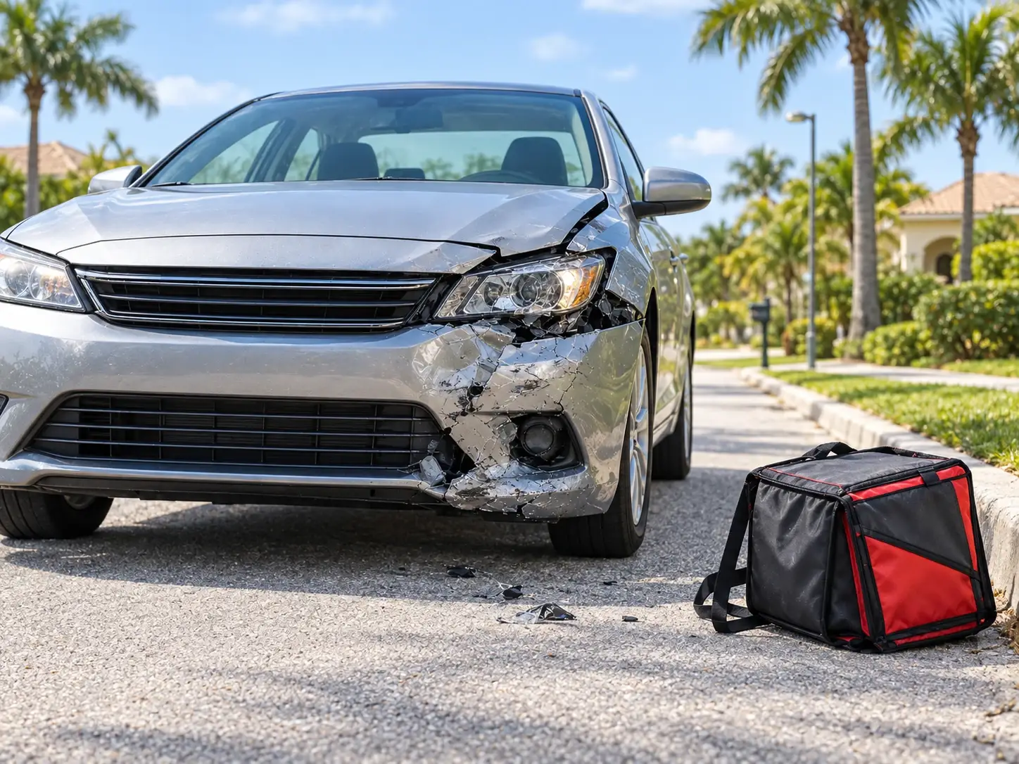 Car and insulated food delivery bag on a bright suburban street
