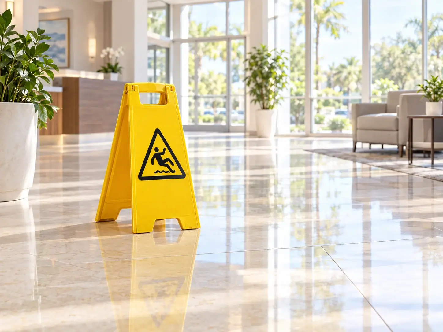 Floor safety sign in a bright window-lit lobby