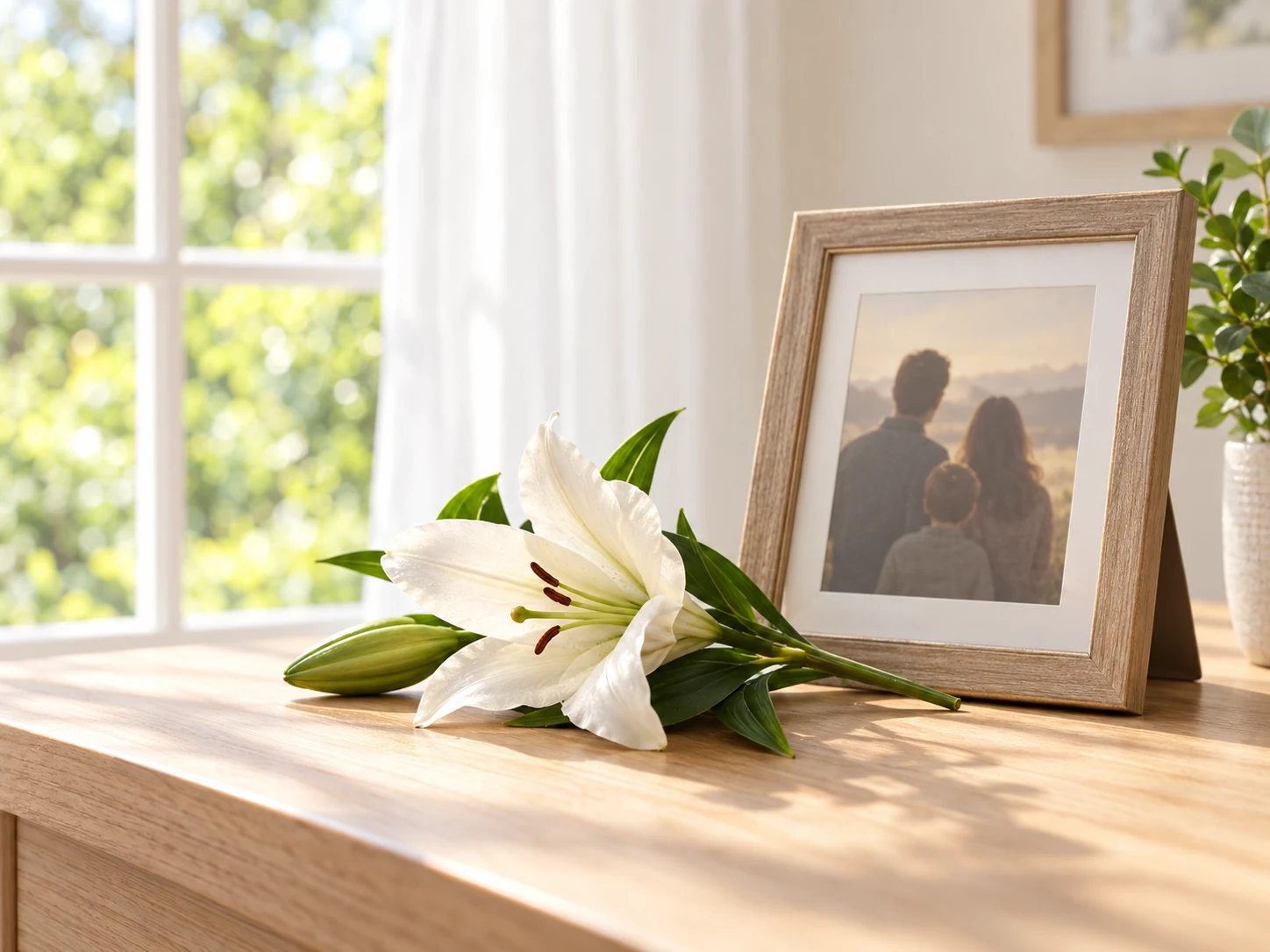 White lily and framed family silhouettes beside a sunny window